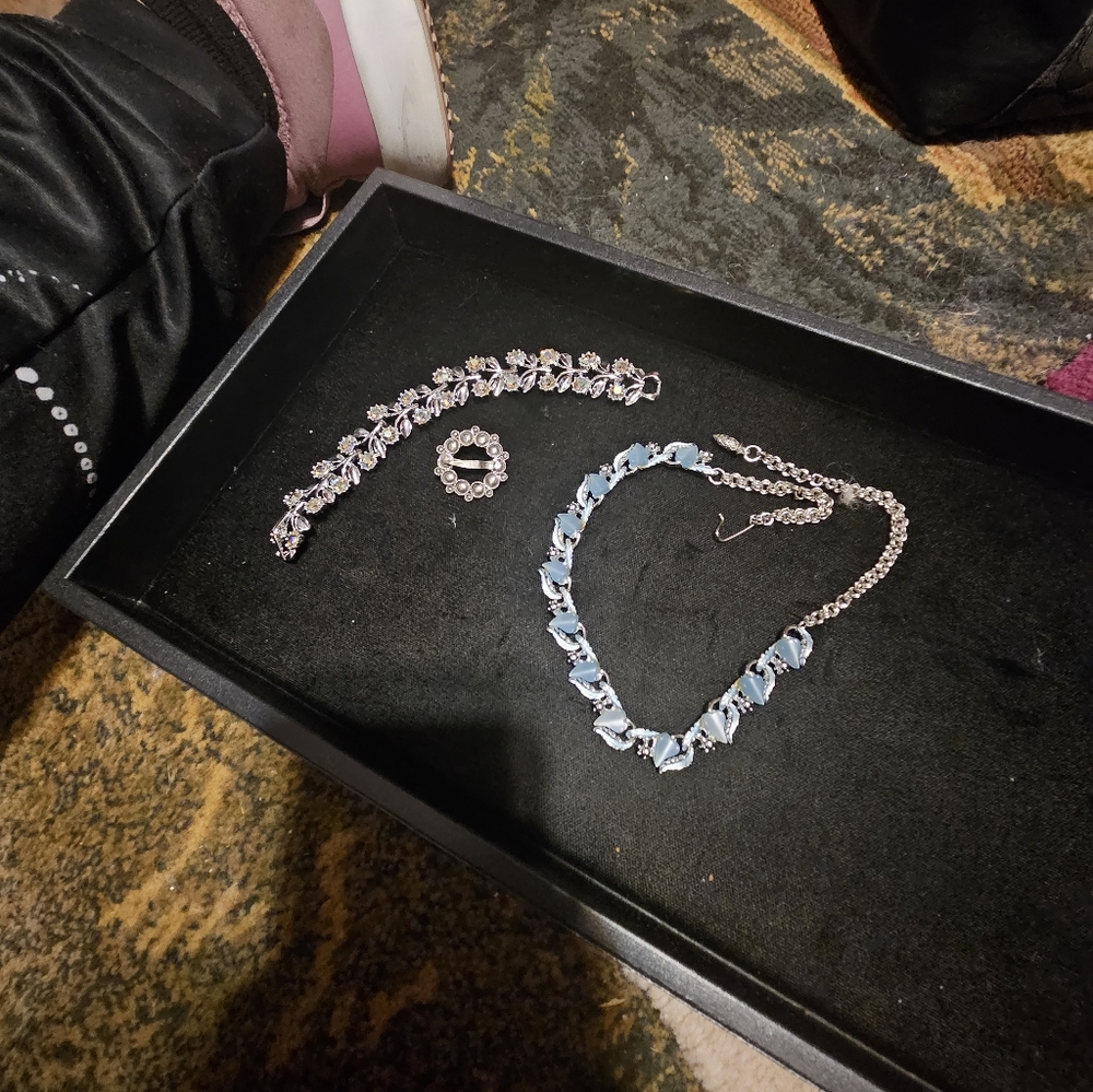 Elegant Silver and Blue Jewelry Set From The 1950'sand A Irradesent Braclet